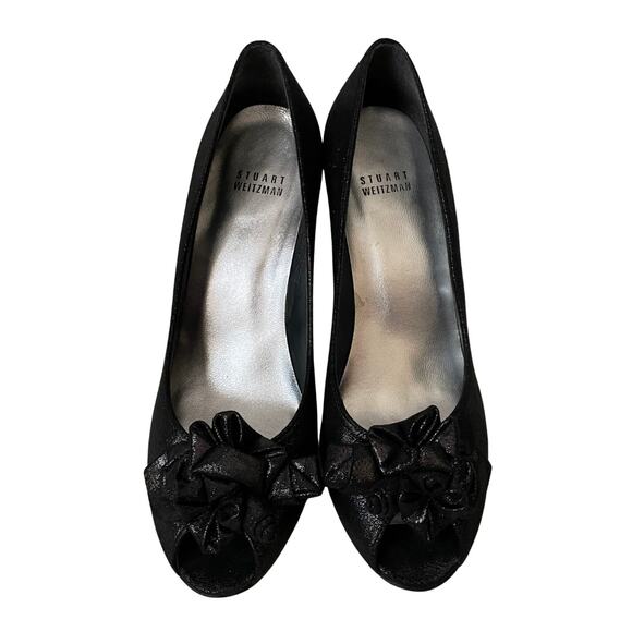 Stuart Weitzman Heels Womens Size 8 Black Metallic Floral Rosette Peep Toe Pump - Picture 1 of 15